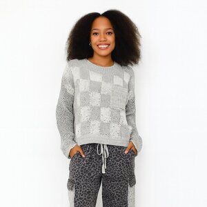 POL Crochet Checkered Open-Weave Sweater – Relaxed Fit, Gray & White, NWOT Small